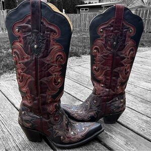 Corral Tall Dark Burgundy Cowboy Boots with Black Overlay and Grey Inlays